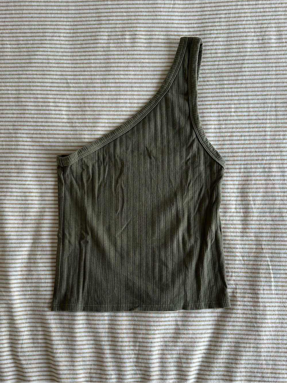 One-Shoulder Ribbed Tank Top - Olive Green